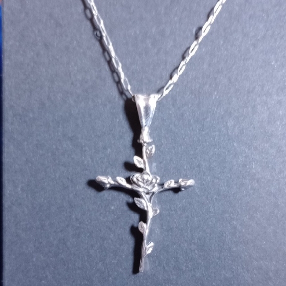Rose Sterling Silver Cross Pendant Necklace - Picture 10 of 10